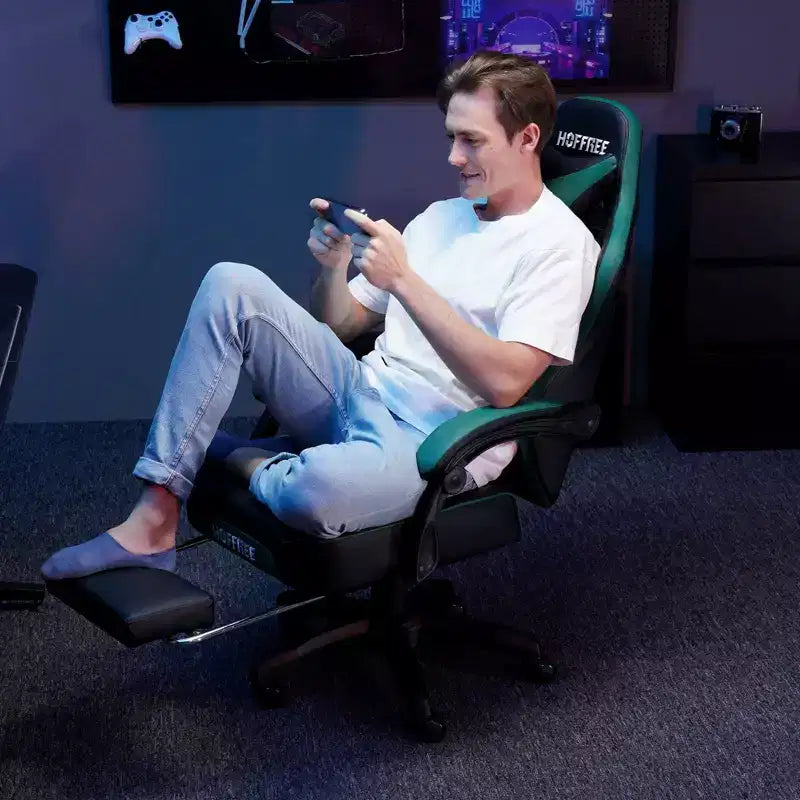 Leather Massage Gaming Chair with Bluetooth Speaker, Footrest & Ergonomic Support