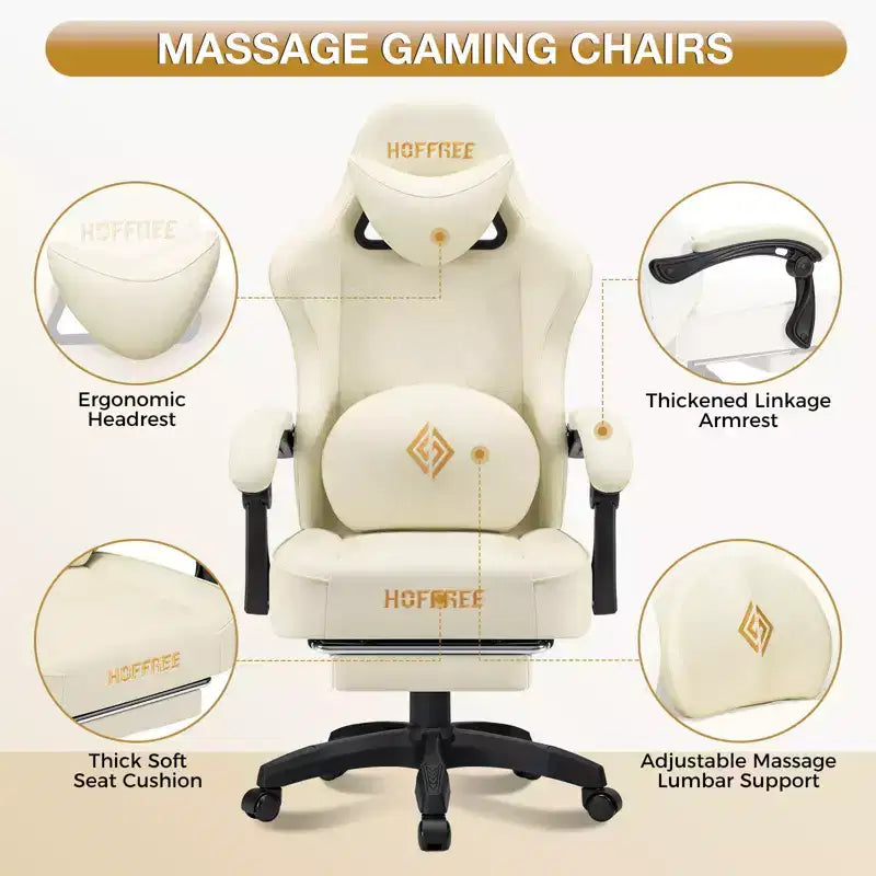 Leather Massage Gaming Chair with Bluetooth Speaker, Footrest & Ergonomic Support