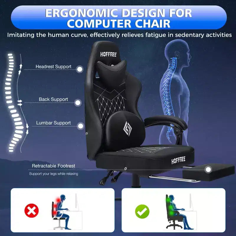 Leather Massage Gaming Chair with Bluetooth Speaker, Footrest & Ergonomic Support