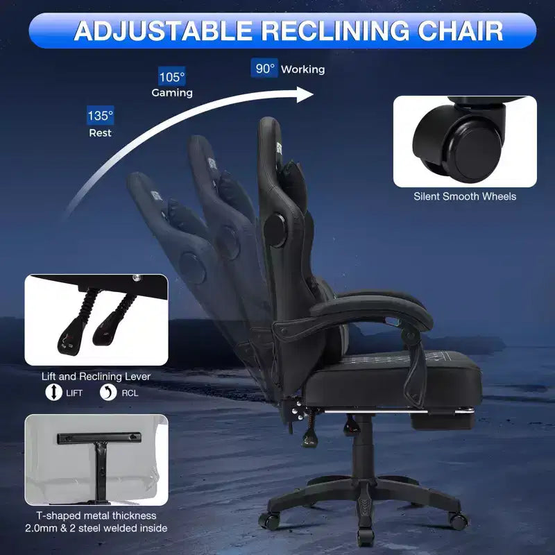 Leather Massage Gaming Chair with Bluetooth Speaker, Footrest & Ergonomic Support