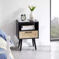 MAYEERTY Rattan End Table with Drawer and Solid Wood Legs, Side Table for Living Room, Bedroom, Black