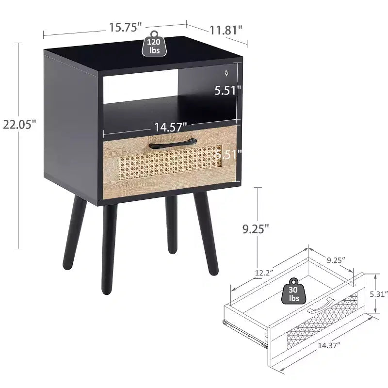Table d'appoint en rotin avec tiroir et pieds en bois massif — Table de chevet noire pour salon et chambre à coucher
