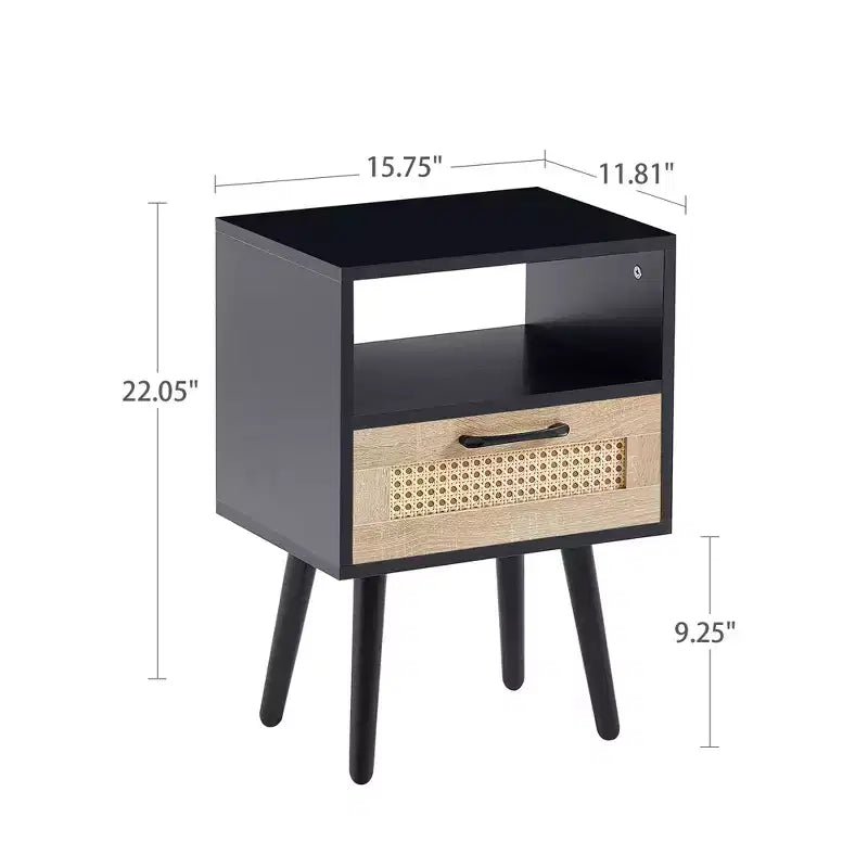Table d'appoint en rotin avec tiroir et pieds en bois massif — Table de chevet noire pour salon et chambre à coucher