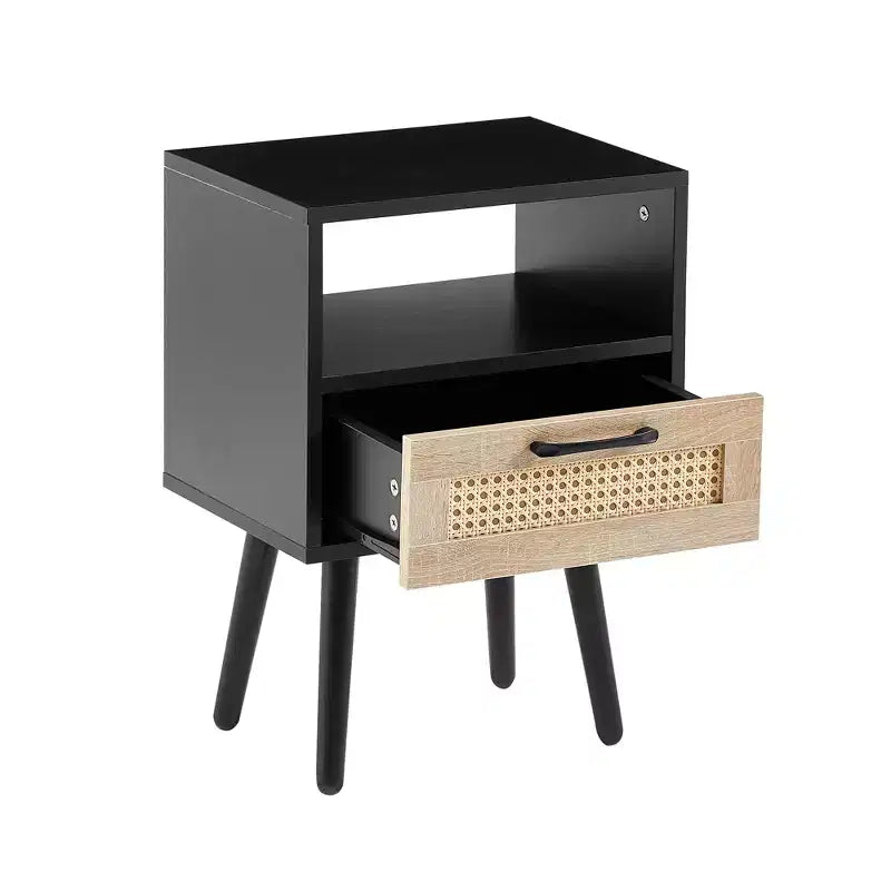 Table d'appoint en rotin avec tiroir et pieds en bois massif — Table de chevet noire pour salon et chambre à coucher