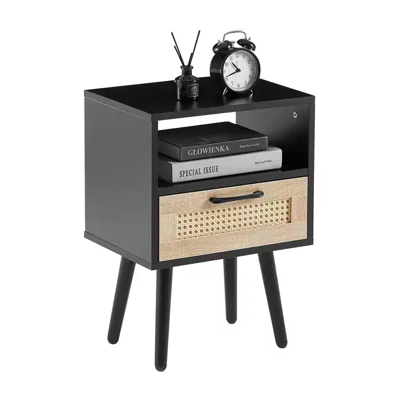 Table d'appoint en rotin avec tiroir et pieds en bois massif — Table de chevet noire pour salon et chambre à coucher