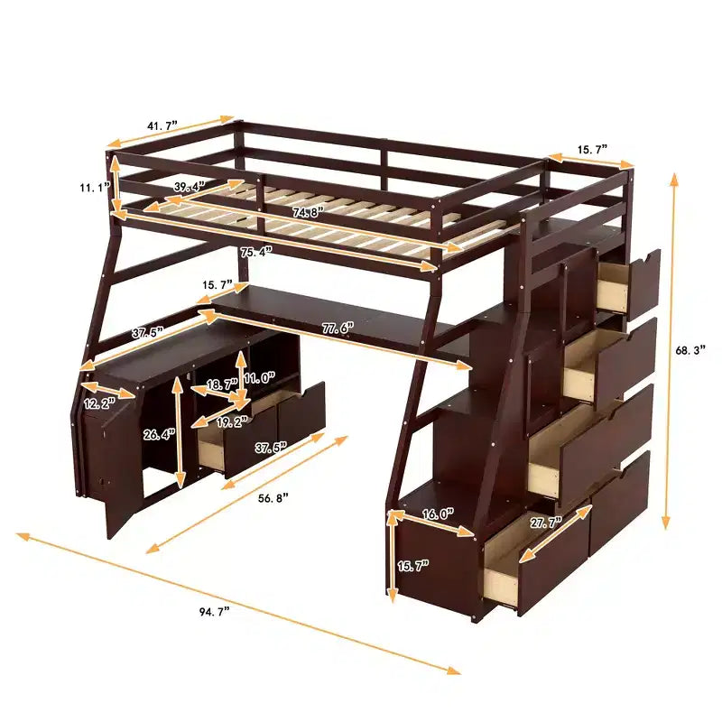 Twin Size Loft Bed with 7 Drawers, 2 Shelves & Desk — 94.7"L Solid Pine Wood
