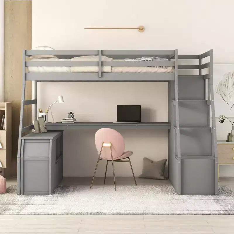 Twin Size Loft Bed with 7 Drawers, 2 Shelves & Desk — 94.7"L Solid Pine Wood