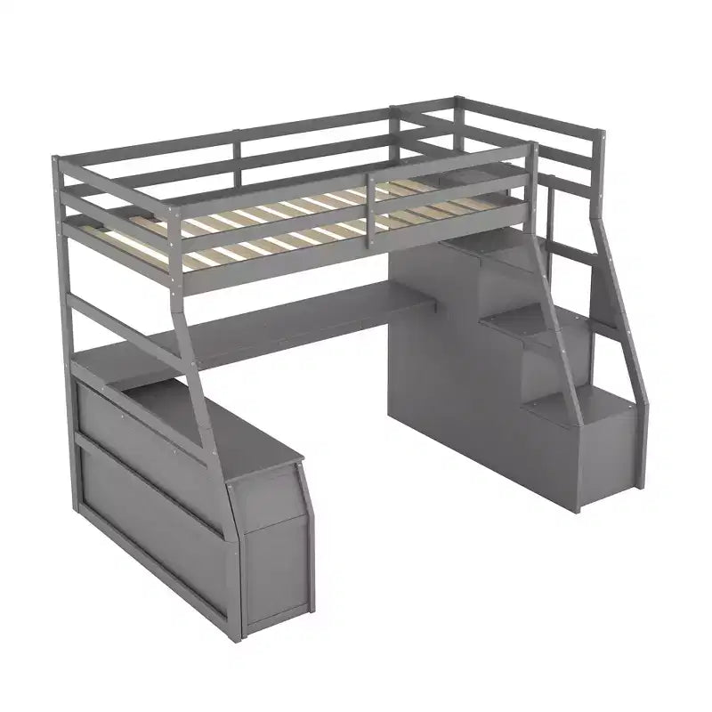 Twin Size Loft Bed with 7 Drawers, 2 Shelves & Desk — 94.7"L Solid Pine Wood