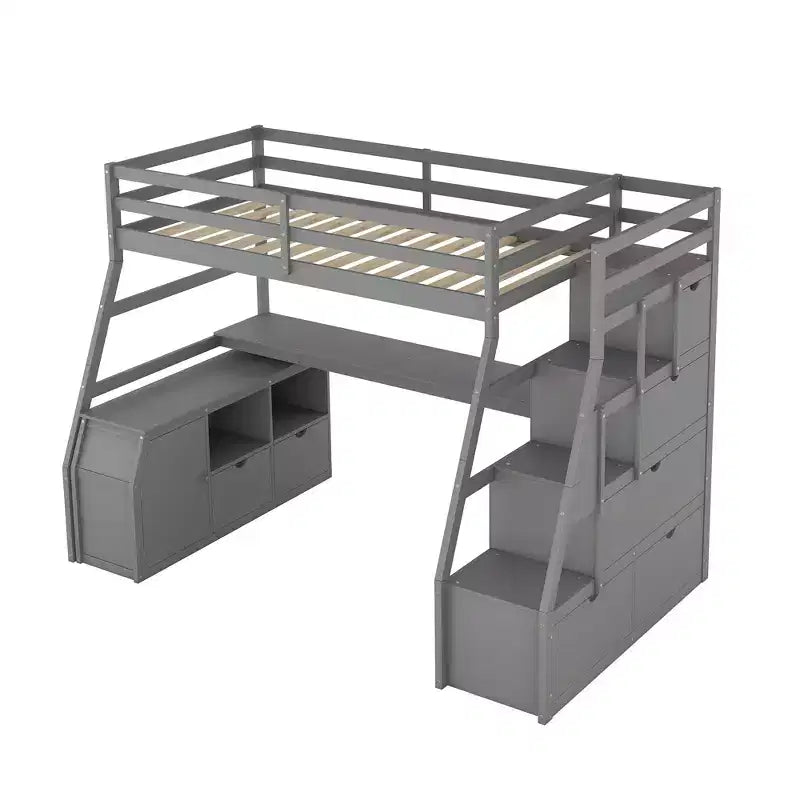 Twin Size Loft Bed with 7 Drawers, 2 Shelves & Desk — 94.7"L Solid Pine Wood