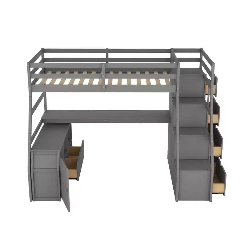 Twin Size Loft Bed with 7 Drawers, 2 Shelves & Desk — 94.7"L Solid Pine Wood
