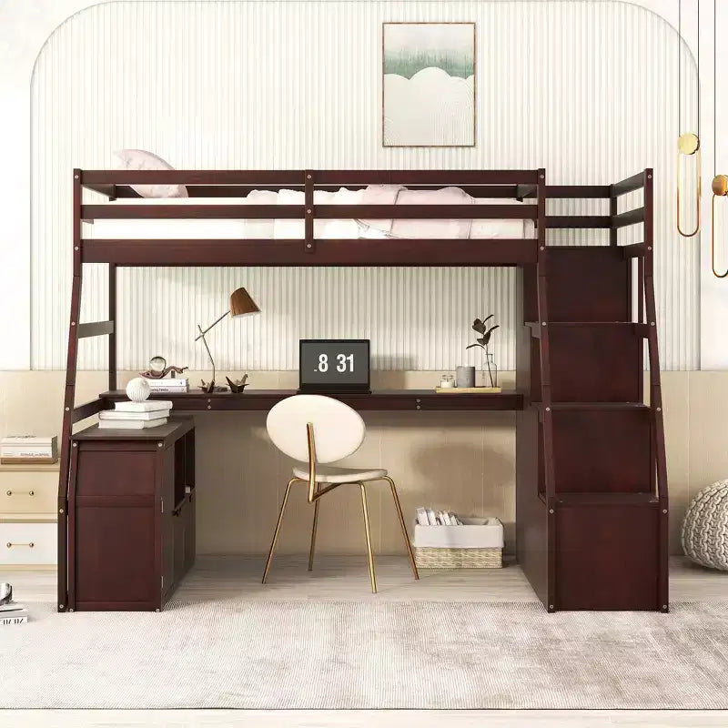 Twin Size Loft Bed with 7 Drawers, 2 Shelves & Desk — 94.7"L Solid Pine Wood