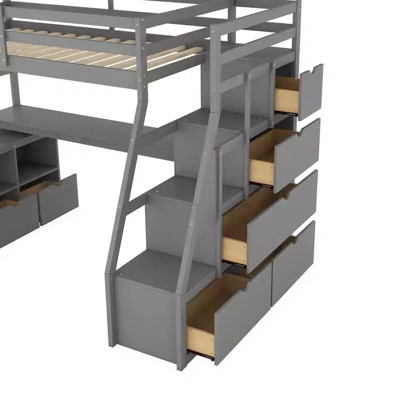 Twin Size Loft Bed with 7 Drawers, 2 Shelves & Desk — 94.7"L Solid Pine Wood