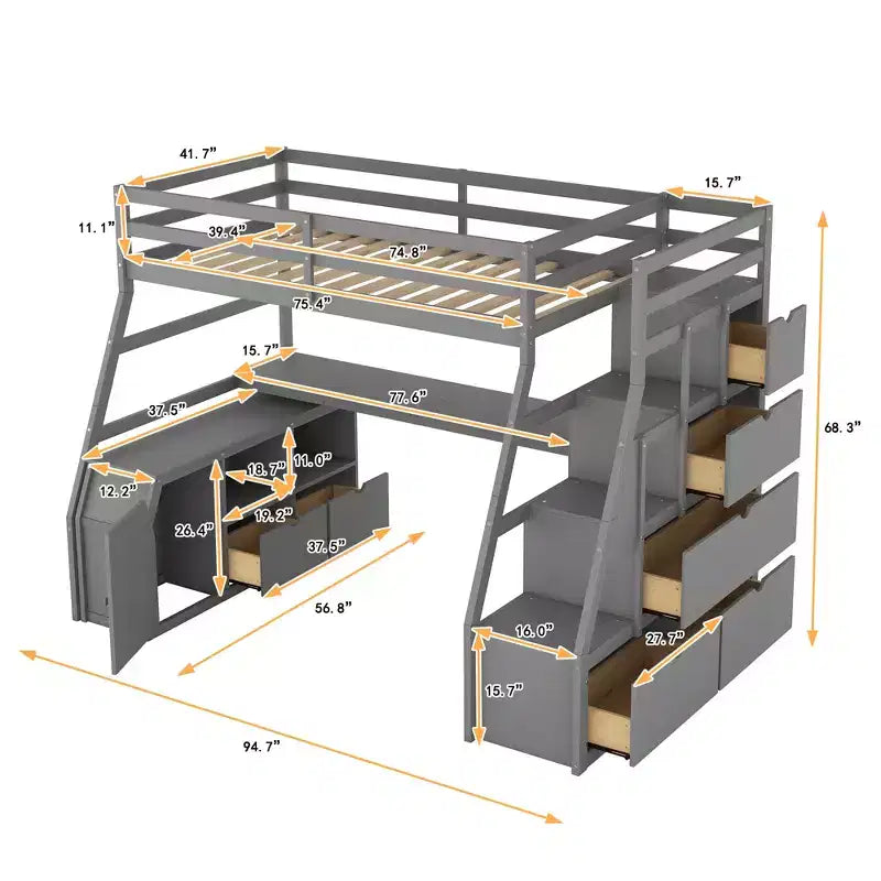 Twin Size Loft Bed with 7 Drawers, 2 Shelves & Desk — 94.7"L Solid Pine Wood
