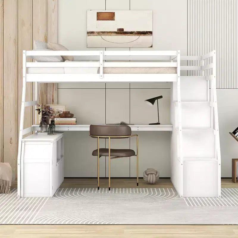 Twin Size Loft Bed with 7 Drawers, 2 Shelves & Desk — 94.7"L Solid Pine Wood