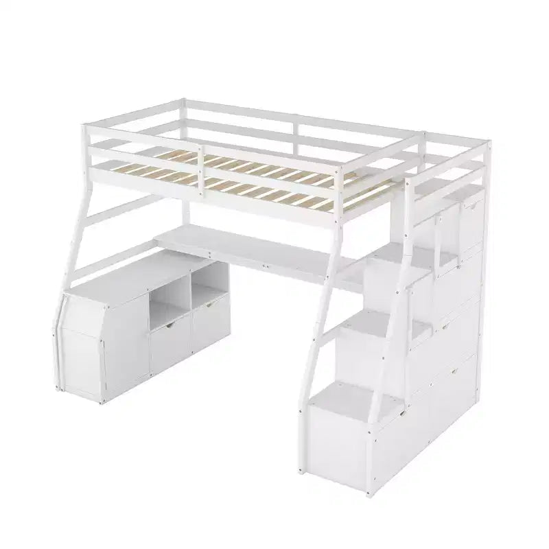 Twin Size Loft Bed with 7 Drawers, 2 Shelves & Desk — 94.7"L Solid Pine Wood