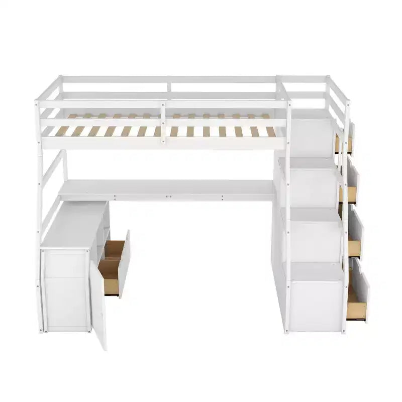 Twin Size Loft Bed with 7 Drawers, 2 Shelves & Desk — 94.7"L Solid Pine Wood