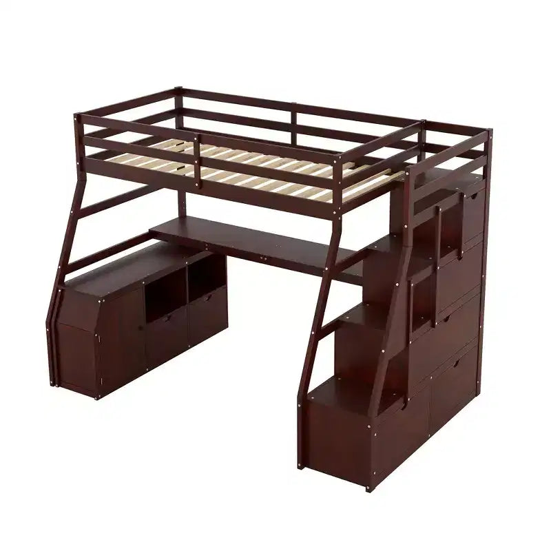 Twin Size Loft Bed with 7 Drawers, 2 Shelves & Desk — 94.7"L Solid Pine Wood
