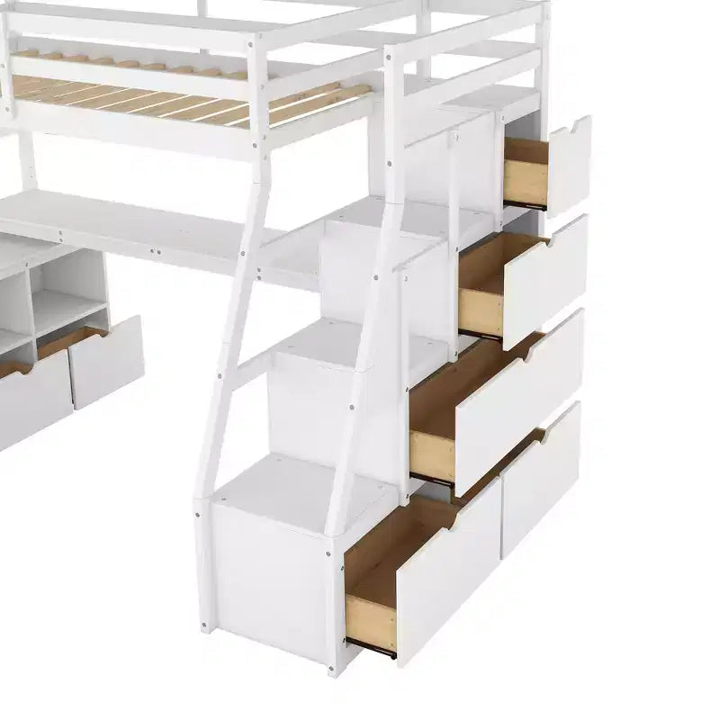 Twin Size Loft Bed with 7 Drawers, 2 Shelves & Desk — 94.7"L Solid Pine Wood
