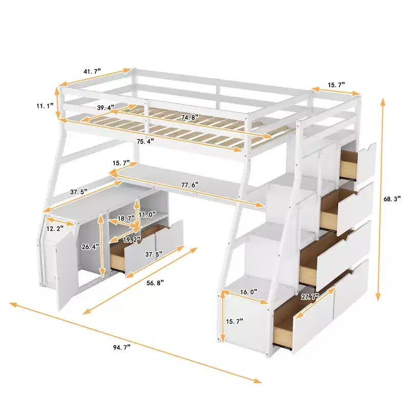 Twin Size Loft Bed with 7 Drawers, 2 Shelves & Desk — 94.7"L Solid Pine Wood