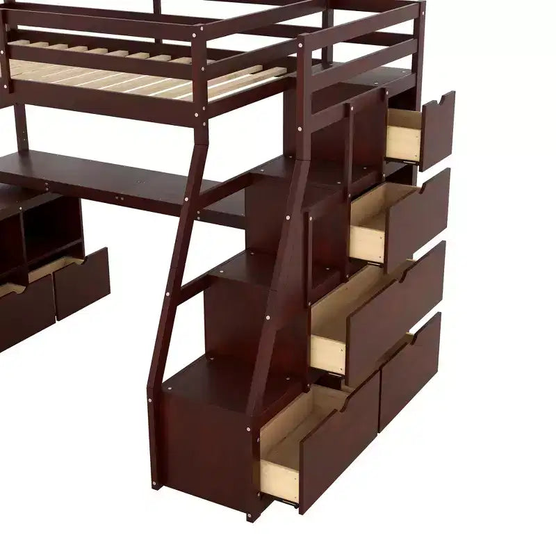 Twin Size Loft Bed with 7 Drawers, 2 Shelves & Desk — 94.7"L Solid Pine Wood