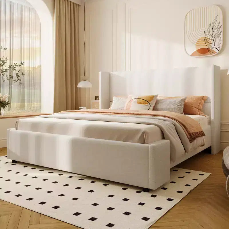 Modern Upholstered Platform Bed with Tall Wingback Headboard — White