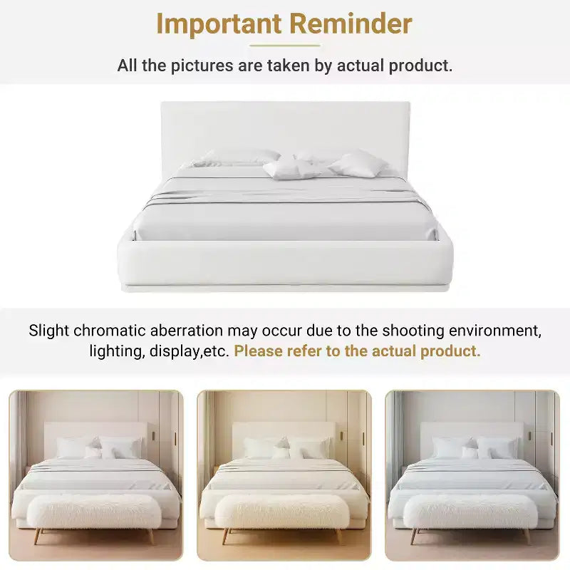 Modern Upholstered Platform Bed with Tall Wingback Headboard — White