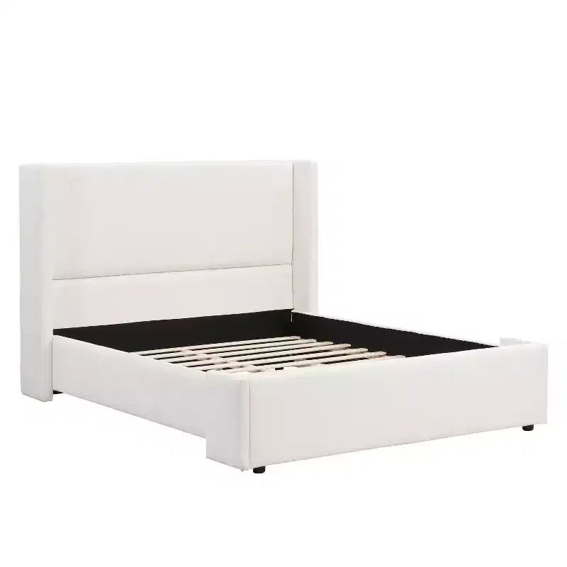 Modern Upholstered Platform Bed with Tall Wingback Headboard — White
