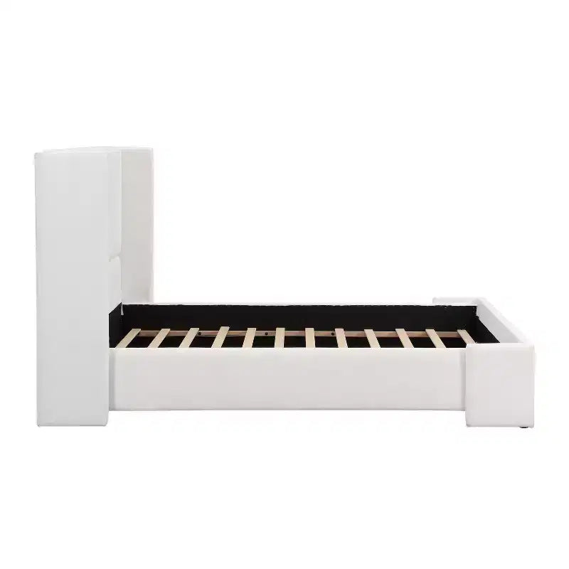 Modern Upholstered Platform Bed with Tall Wingback Headboard — White