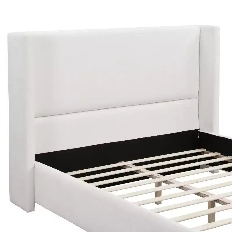 Modern Upholstered Platform Bed with Tall Wingback Headboard — White