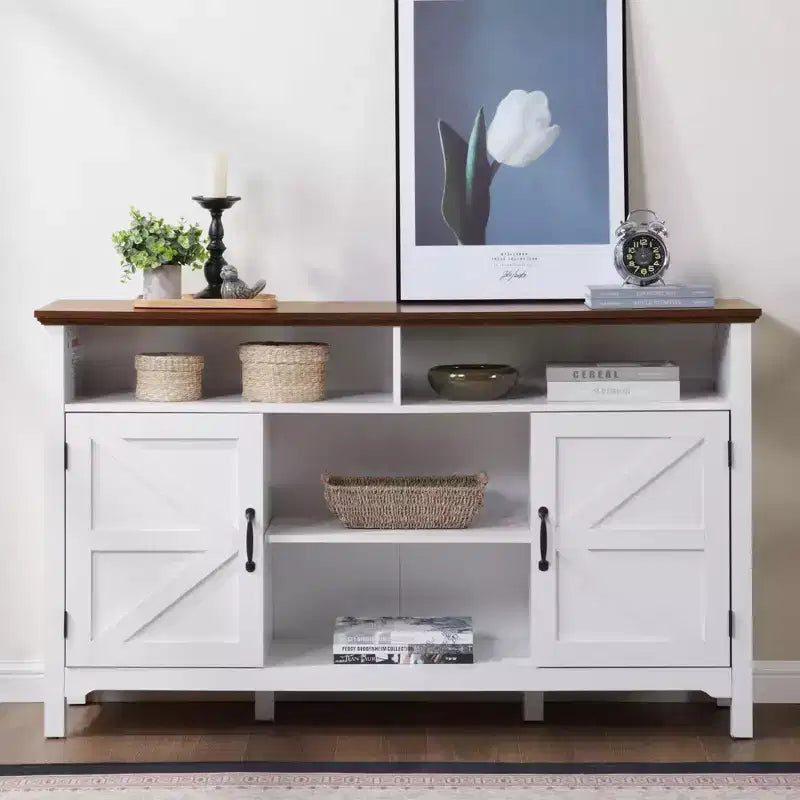 Farmhouse Sideboard Buffet Cabinet with Hinged Barn Doors, 58 Large Kitchen Storage Cabinet with Adjustable Shelves