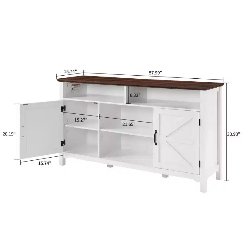 Farmhouse Sideboard Buffet Cabinet with Hinged Barn Doors, 58 Large Kitchen Storage Cabinet with Adjustable Shelves