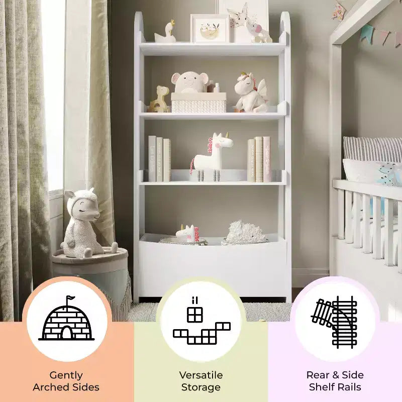 Kids Open-Style Wood Bookshelf with 3 Shelves and Bottom Storage Bin — White