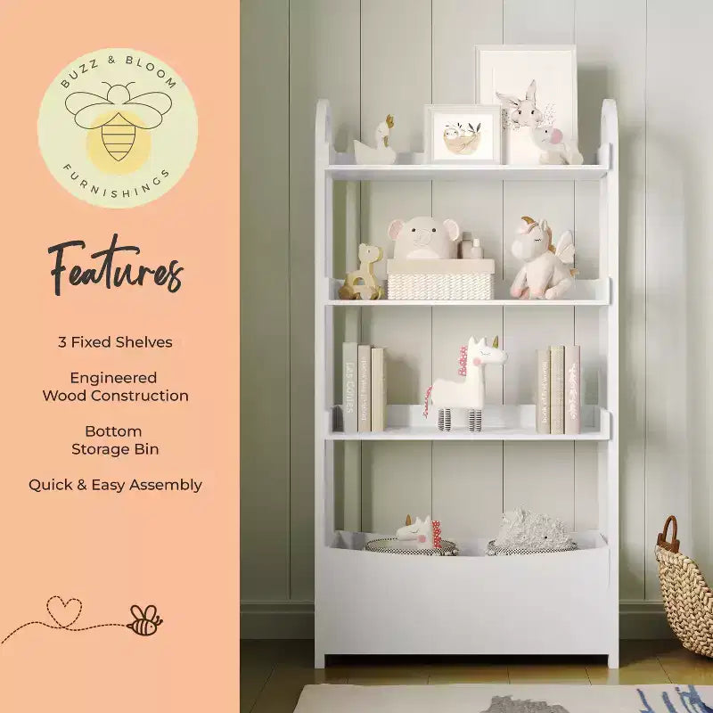 Kids Open-Style Wood Bookshelf with 3 Shelves and Bottom Storage Bin — White