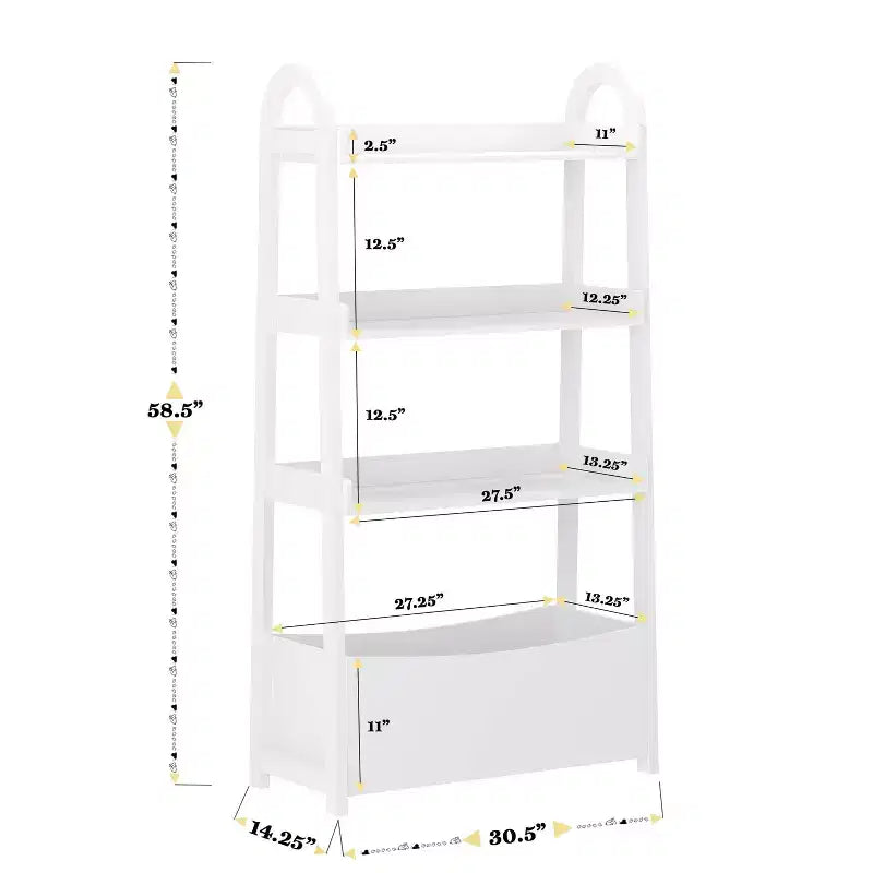 Kids Open-Style Wood Bookshelf with 3 Shelves and Bottom Storage Bin — White