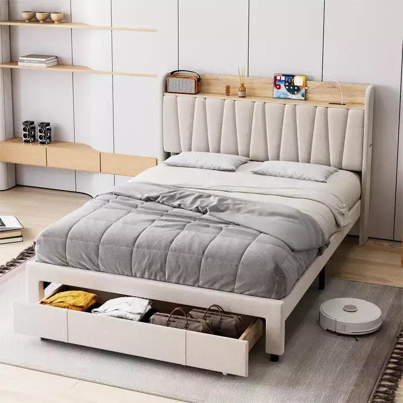 Whizmax Bed Frame with 2 Storage Drawers, Upholstered Platform Bed Frame with Storage Headboard, Mattress Foundation with Solid Wooden Slats Support