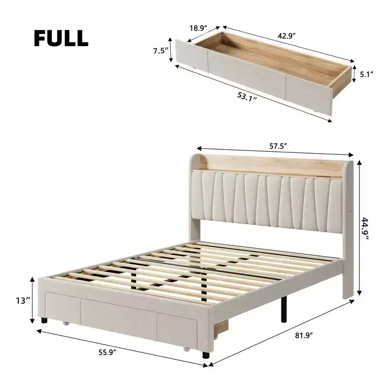 Upholstered Platform Bed with Storage Headboard & 2 Drawers — Solid Wood Slats, No Box Spring Needed