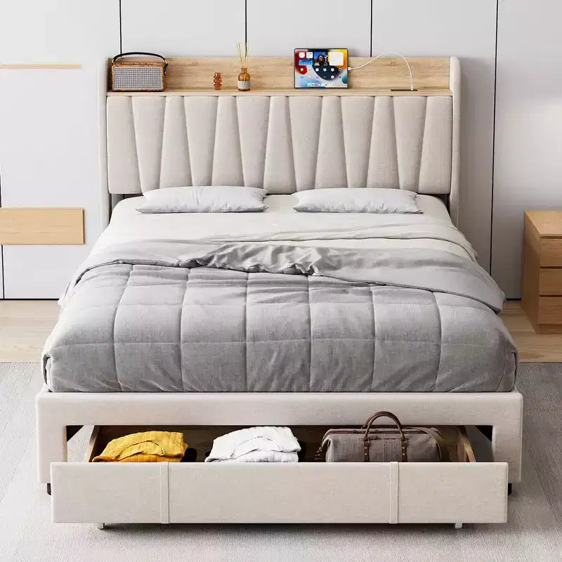 Upholstered Platform Bed with Storage Headboard & 2 Drawers — Solid Wood Slats, No Box Spring Needed