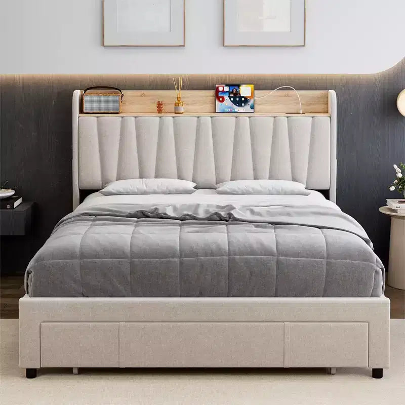 Upholstered Platform Bed with Storage Headboard & 2 Drawers — Solid Wood Slats, No Box Spring Needed