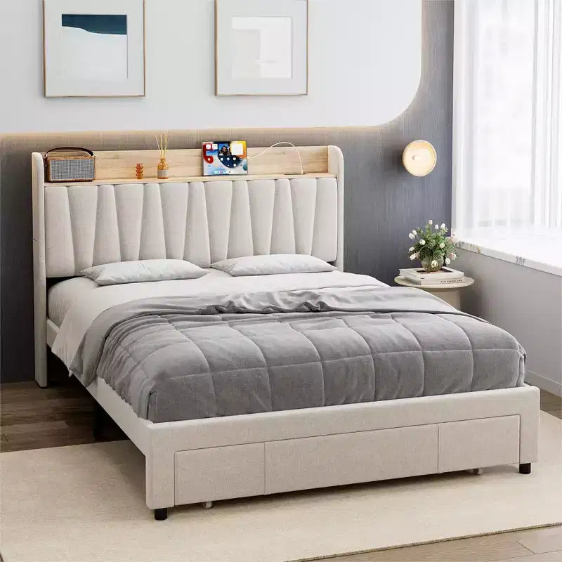 Upholstered Platform Bed with Storage Headboard & 2 Drawers — Solid Wood Slats, No Box Spring Needed