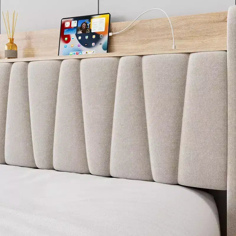 Upholstered Platform Bed with Storage Headboard & 2 Drawers — Solid Wood Slats, No Box Spring Needed
