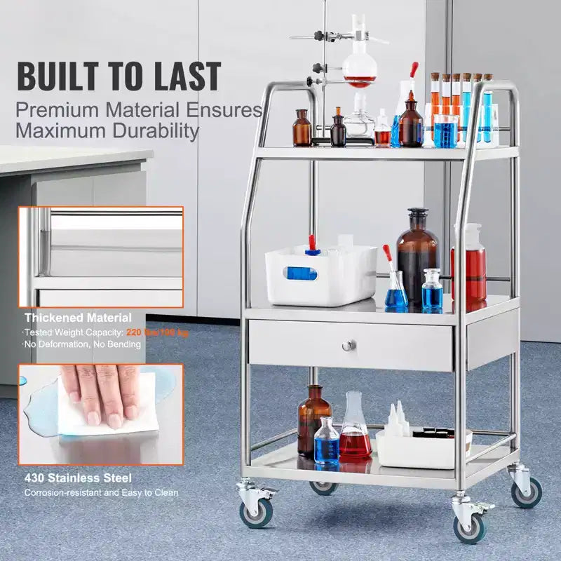 3-Tier Stainless Steel Lab Serving Cart with Drawer and Lockable Wheels