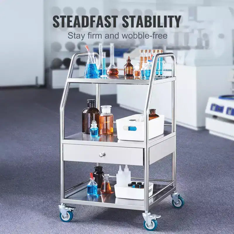 3-Tier Stainless Steel Lab Serving Cart with Drawer and Lockable Wheels