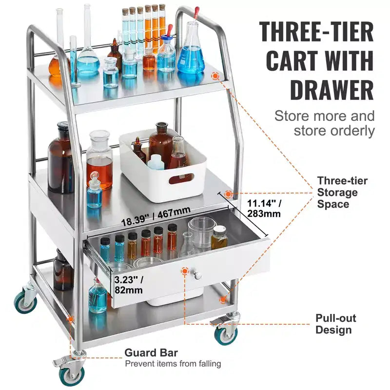3-Tier Stainless Steel Lab Serving Cart with Drawer and Lockable Wheels