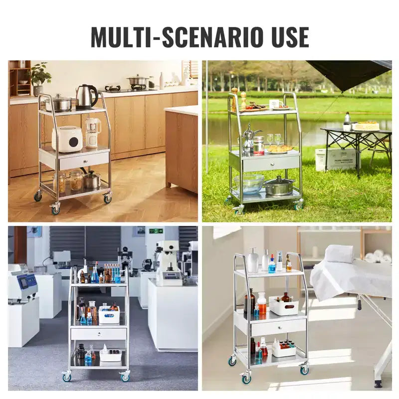 3-Tier Stainless Steel Lab Serving Cart with Drawer and Lockable Wheels
