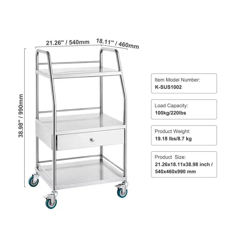 3-Tier Stainless Steel Lab Serving Cart with Drawer and Lockable Wheels