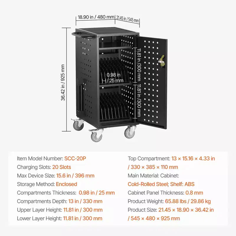 20-Device Mobile Laptop Charging Cart — Up to 15.6" Screens, Office & Classroom