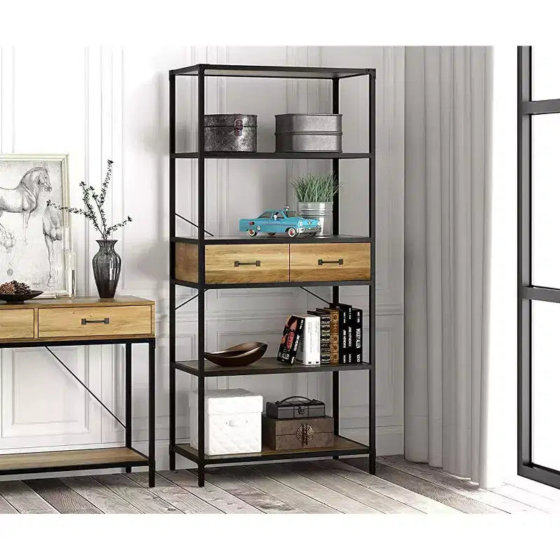 eHemco 5 Tier Rustic Design Bookcase with 2 Drawers, 68.5 Inches, Black Base