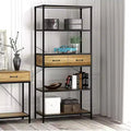 5-Tier Rustic Industrial Bookcase with 2 Drawers — 68.5", Black Metal Frame