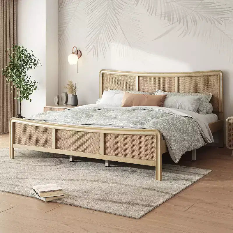 Boho Wood Platform Bed with Rattan Curved Adjustable Height Headboard