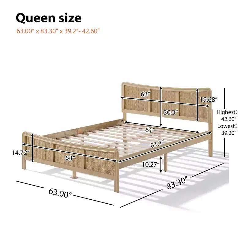 Boho Wood Platform Bed with Rattan Curved Adjustable Height Headboard